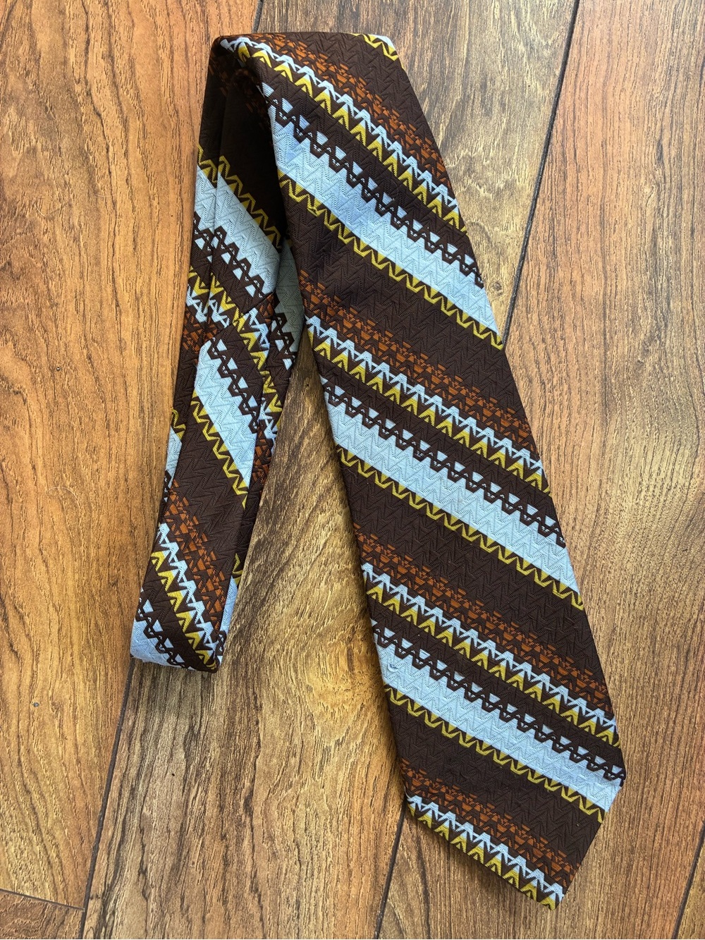 Vintage Wembley Brown Tie with Light Blue & Yellow Chevron Stripes